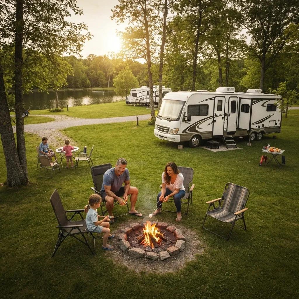 Family enjoying seasonal camping in a picturesque campground with RV and children playing