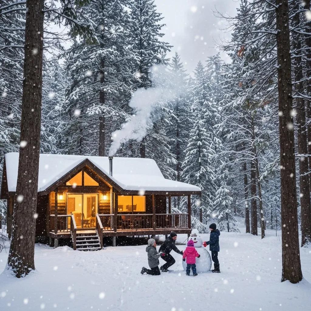 Cozy winter cabin in a snowy forest with a family enjoying outdoor activities
