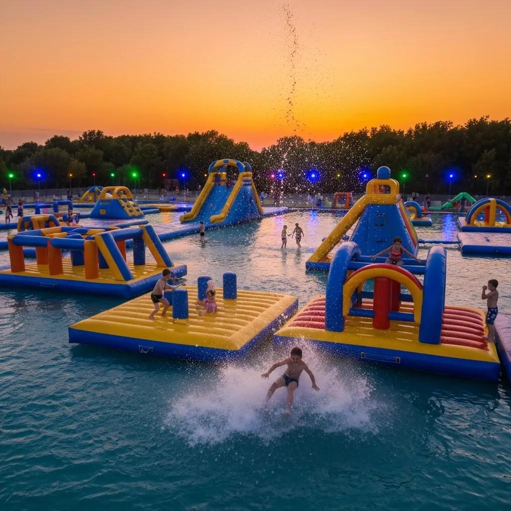 Children laughing as they navigate an inflatable water obstacle course at a campground water park