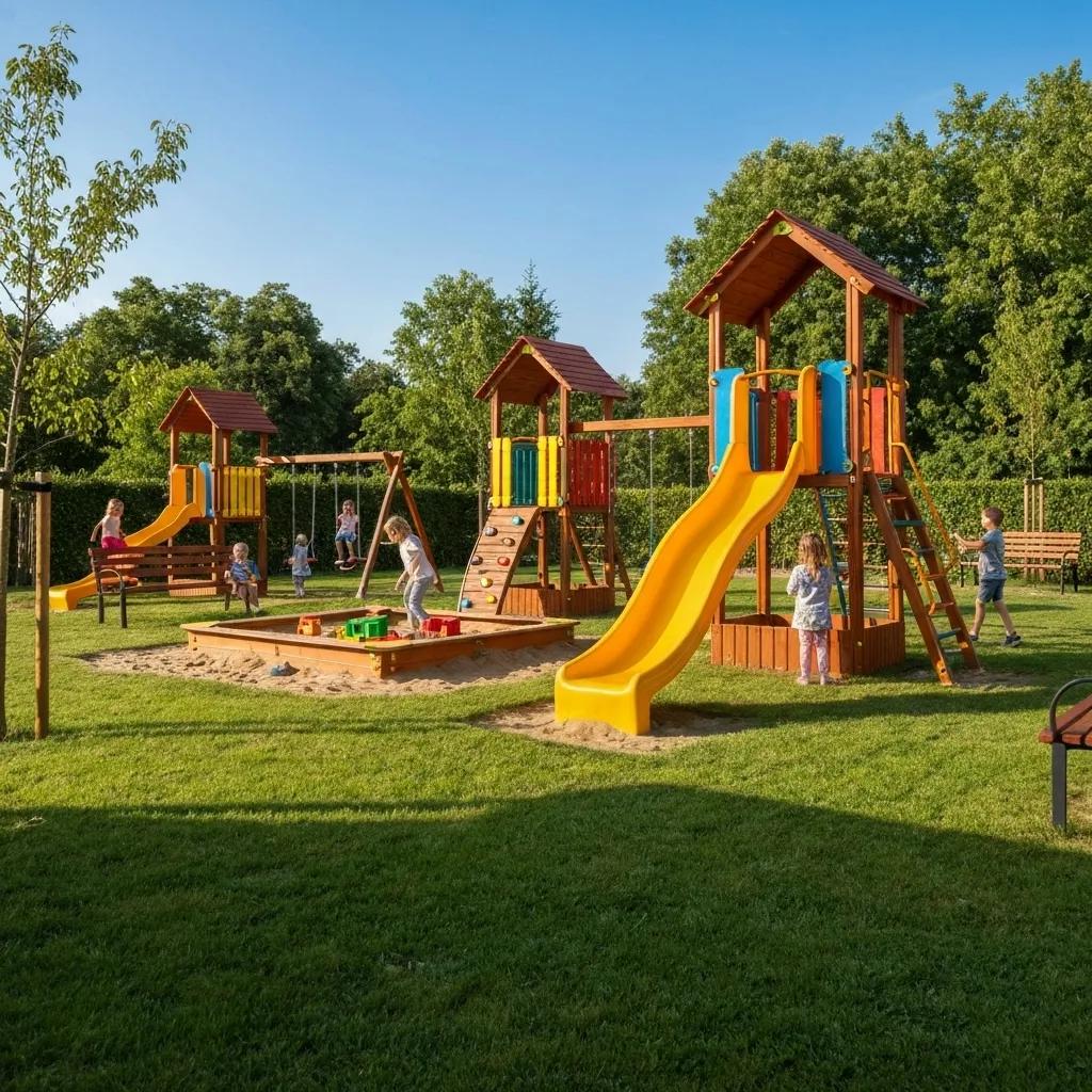 Families enjoying the various amenities at Ridge Ranch Campground, including the playground and fishing pond
