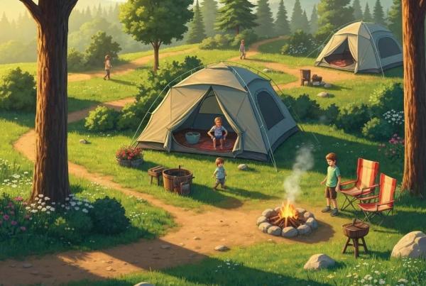 Family enjoying tent camping with amenities in a beautiful campground
