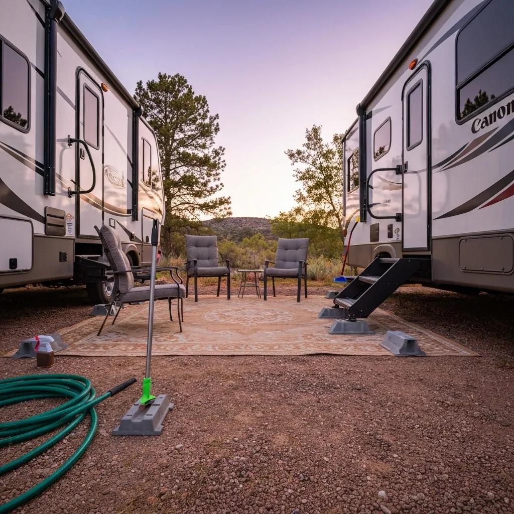 A well-maintained seasonal RV campsite featuring an organized outdoor living space and necessary maintenance tools