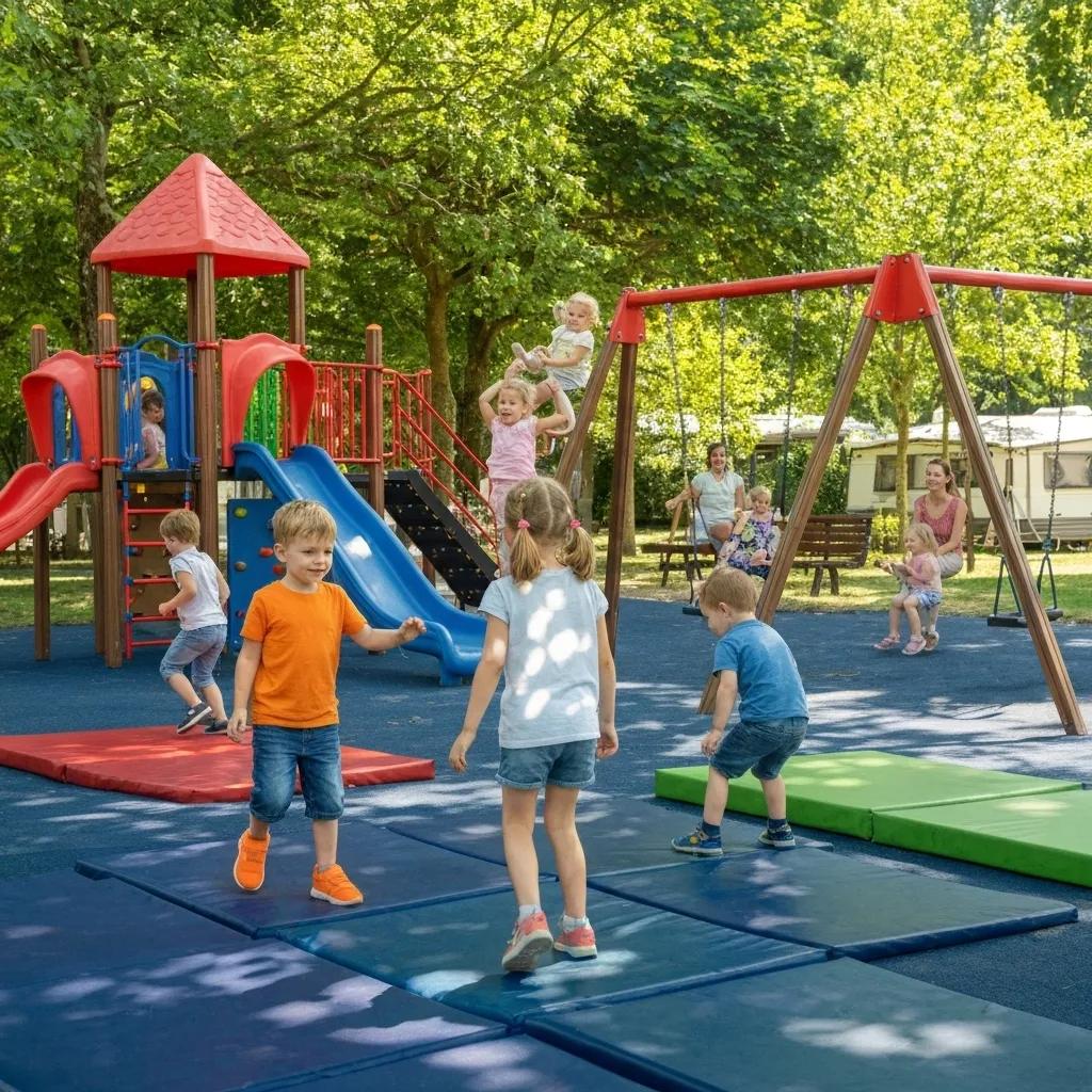 Children laughing and playing on a colorful playground at a family-friendly campground.