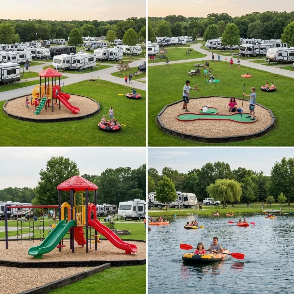 Families enjoying recreational activities at an I-80 RV park, including playgrounds and mini golf.
