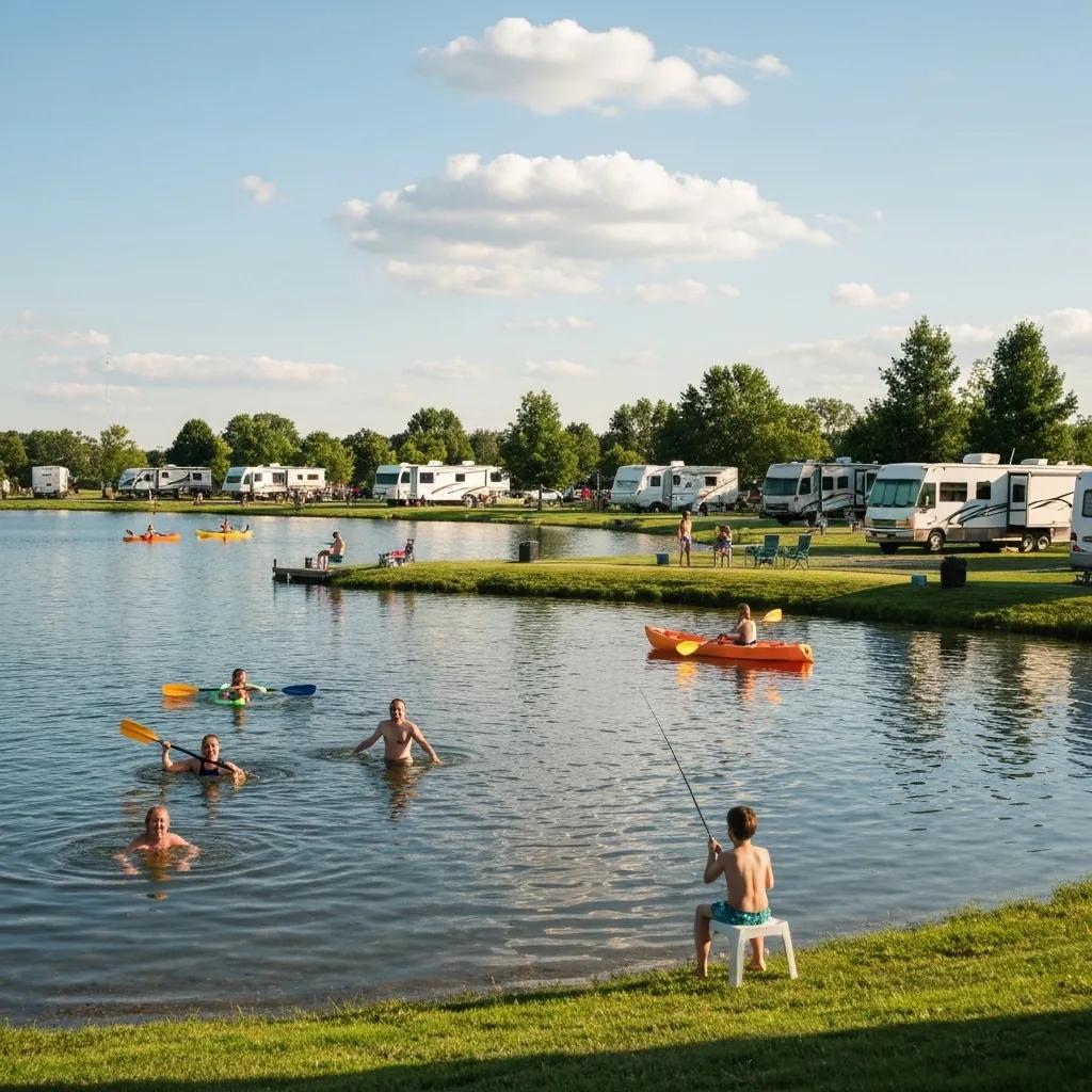 Families delighting in various water activities at a picturesque lake within an RV park.