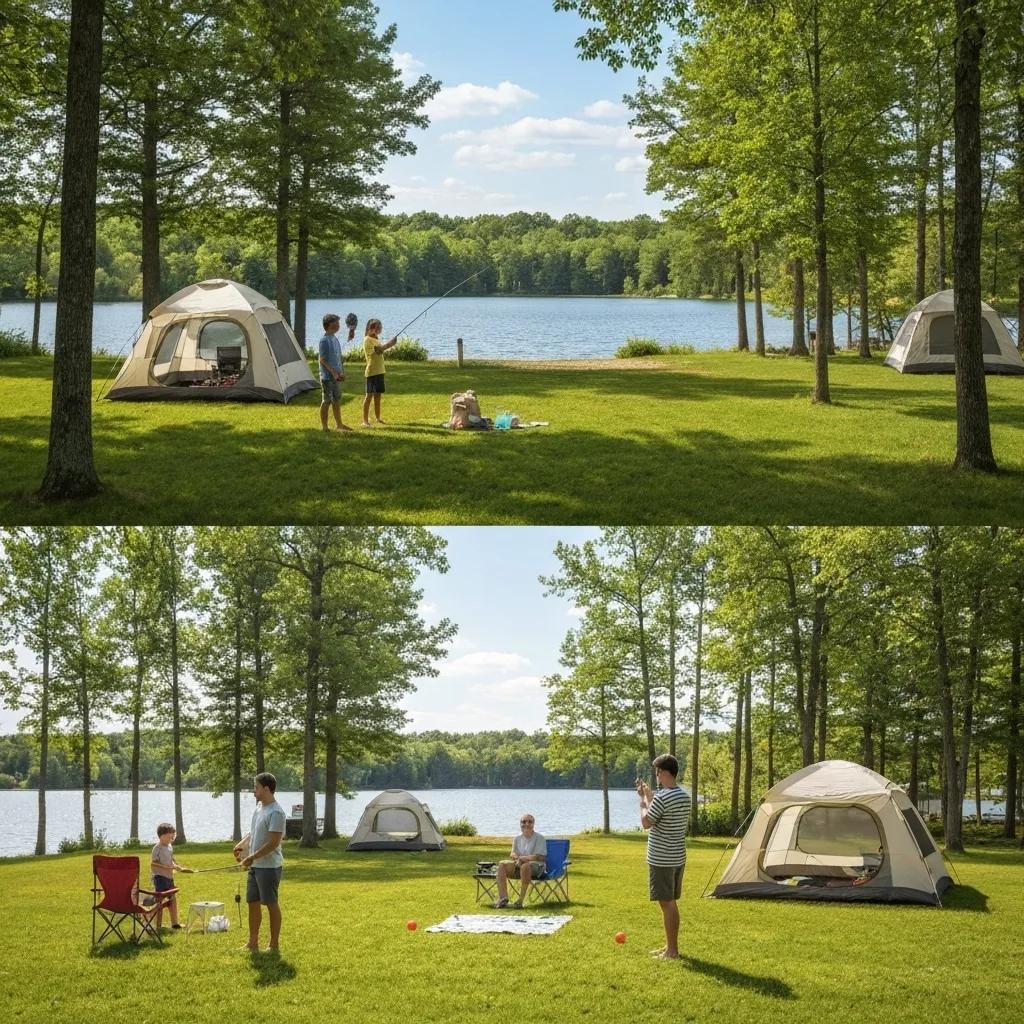 Family camping in Michigan with a tent by a lake surrounded by trees