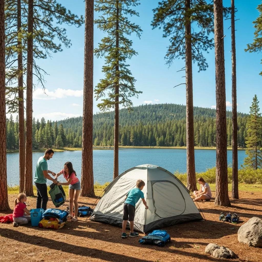 Family setting up a tent at a beautiful campground near a lake, emphasizing outdoor adventure and family bonding