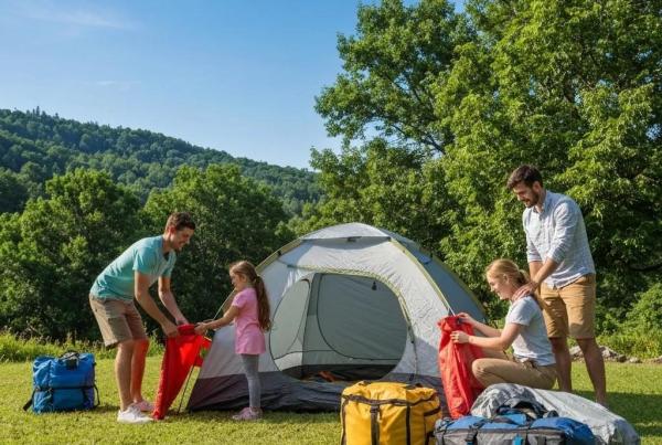 Family setting up a tent in a national park, highlighting essential camping gear and outdoor adventure