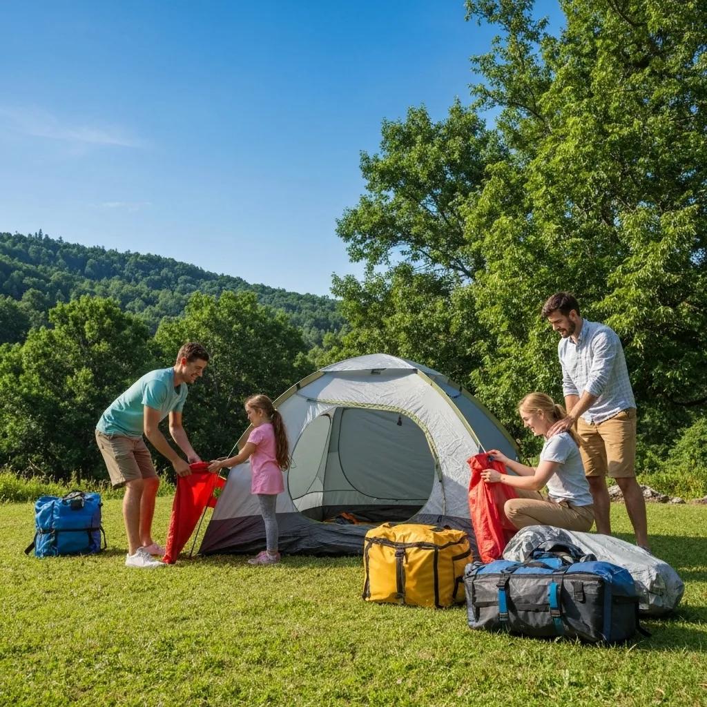 Family setting up a tent in a national park, highlighting essential camping gear and outdoor adventure