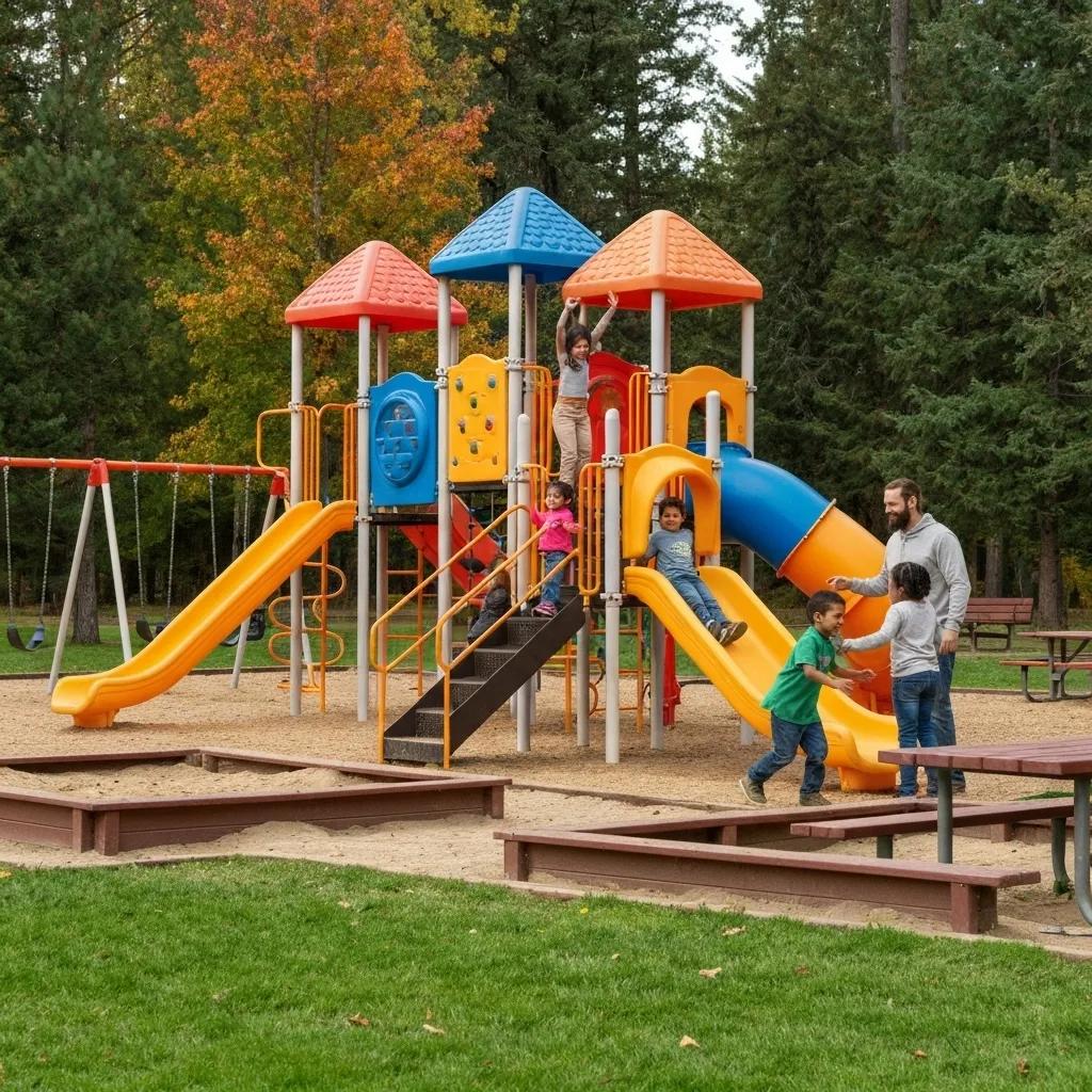 Children laughing as they play on a vibrant playground at Ridge Ranch Campground, showcasing the resort's commitment to family-friendly amenities and safe, fun play areas