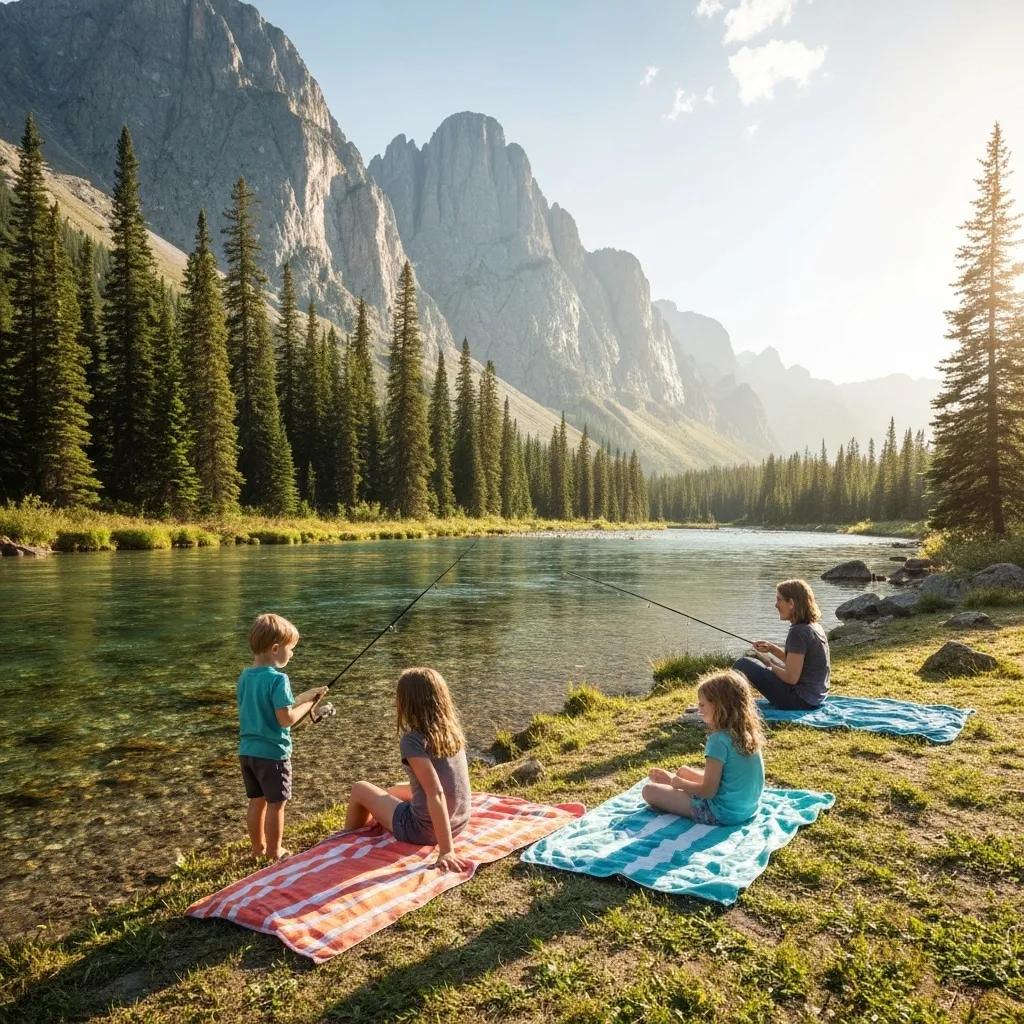 A family delighting in the sandy beach and pristine lake access at Ridge Ranch Campground, enjoying swimming and playful activities