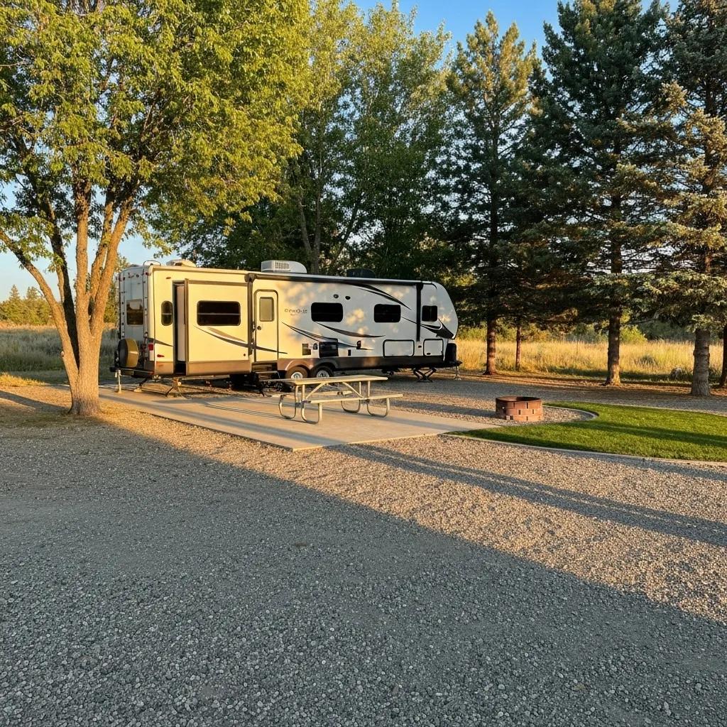 A well-equipped full hookup RV site at Ridge Ranch Campground, complete with a picnic table and fire ring
