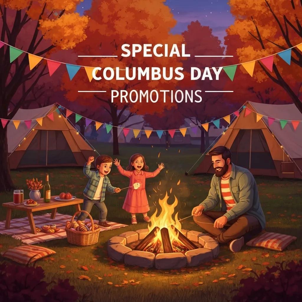 A family celebrating Columbus Day at a campground, complete with festive decorations and a picnic setup, highlighting holiday camping specials.
