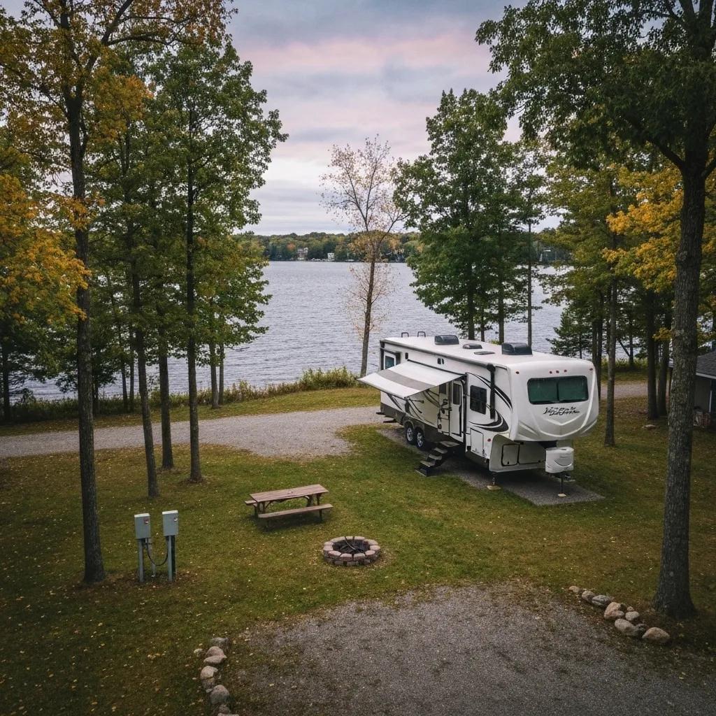 An RV campsite in Michigan equipped with convenient electric hookups and a picnic table.