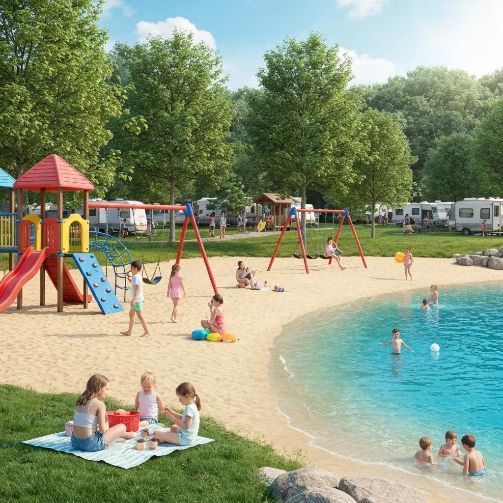 Children enjoying a playground and beach area at a family-oriented campground in Ohio.