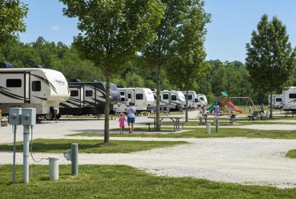 Family-friendly RV campground along I-80 with spacious pull-through sites and families enjoying outdoor activities