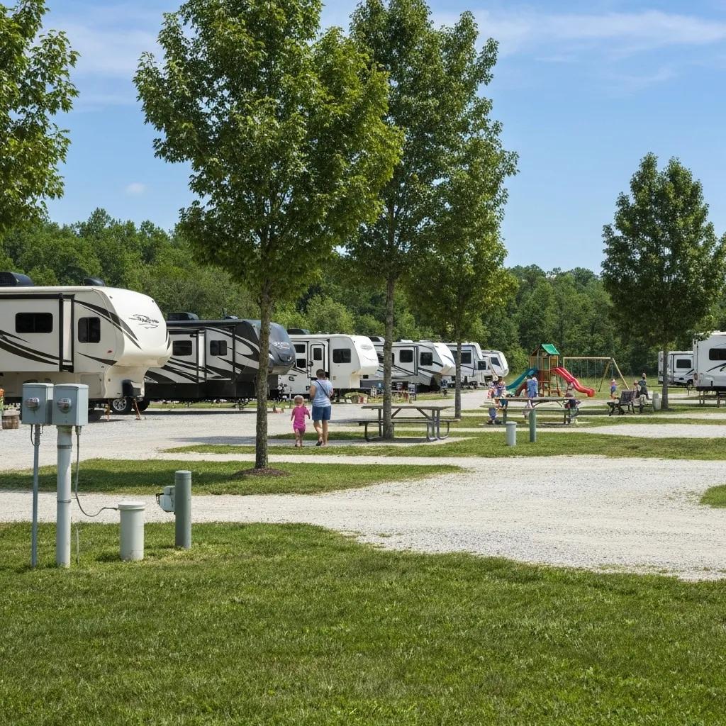 Family-friendly RV campground along I-80 with spacious pull-through sites and families enjoying outdoor activities