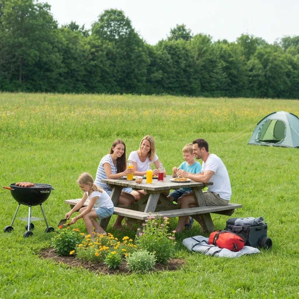 Family booking campground reservations outdoors, highlighting payment methods