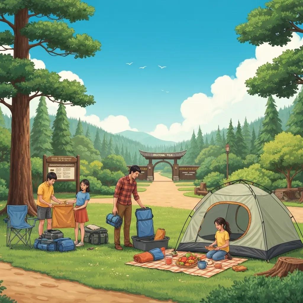 Family camping near national park entrance with tents and nature