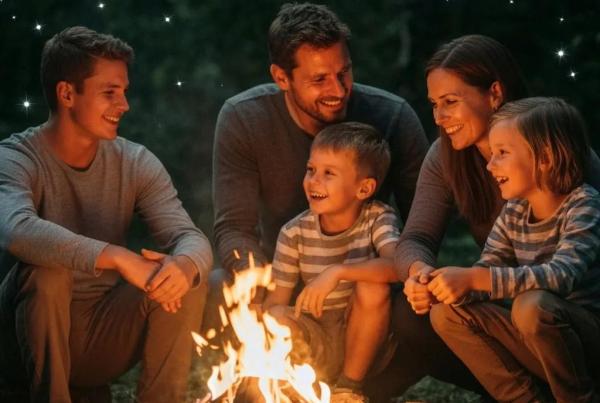 Family camping around a campfire under a starry Ohio sky