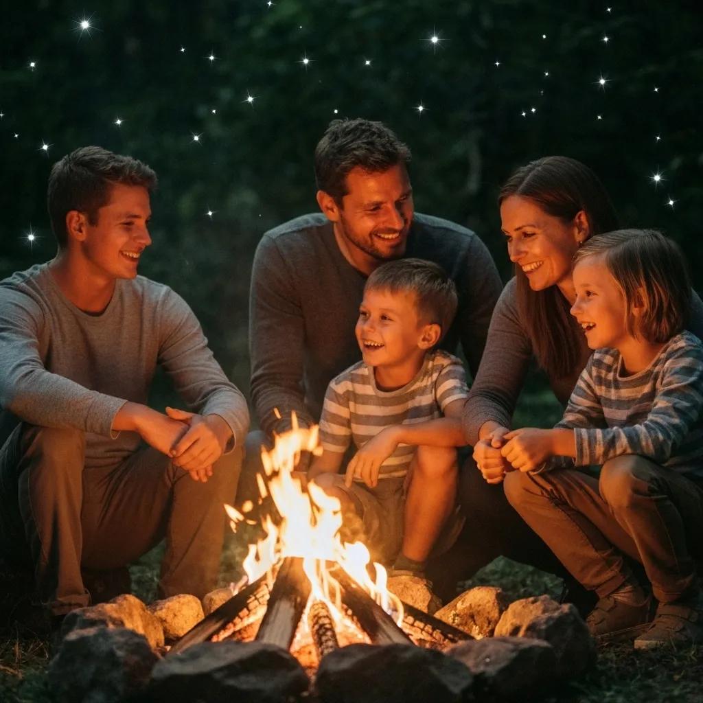 Family camping around a campfire under a starry Ohio sky