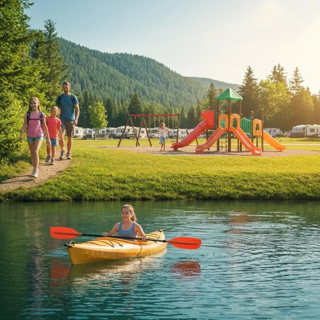 Families enjoying recreational activities like hiking and kayaking at a campground