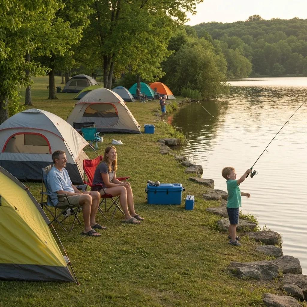 Family camping at Ridge Ranch Campground in Ohio with children and a dog enjoying the outdoors