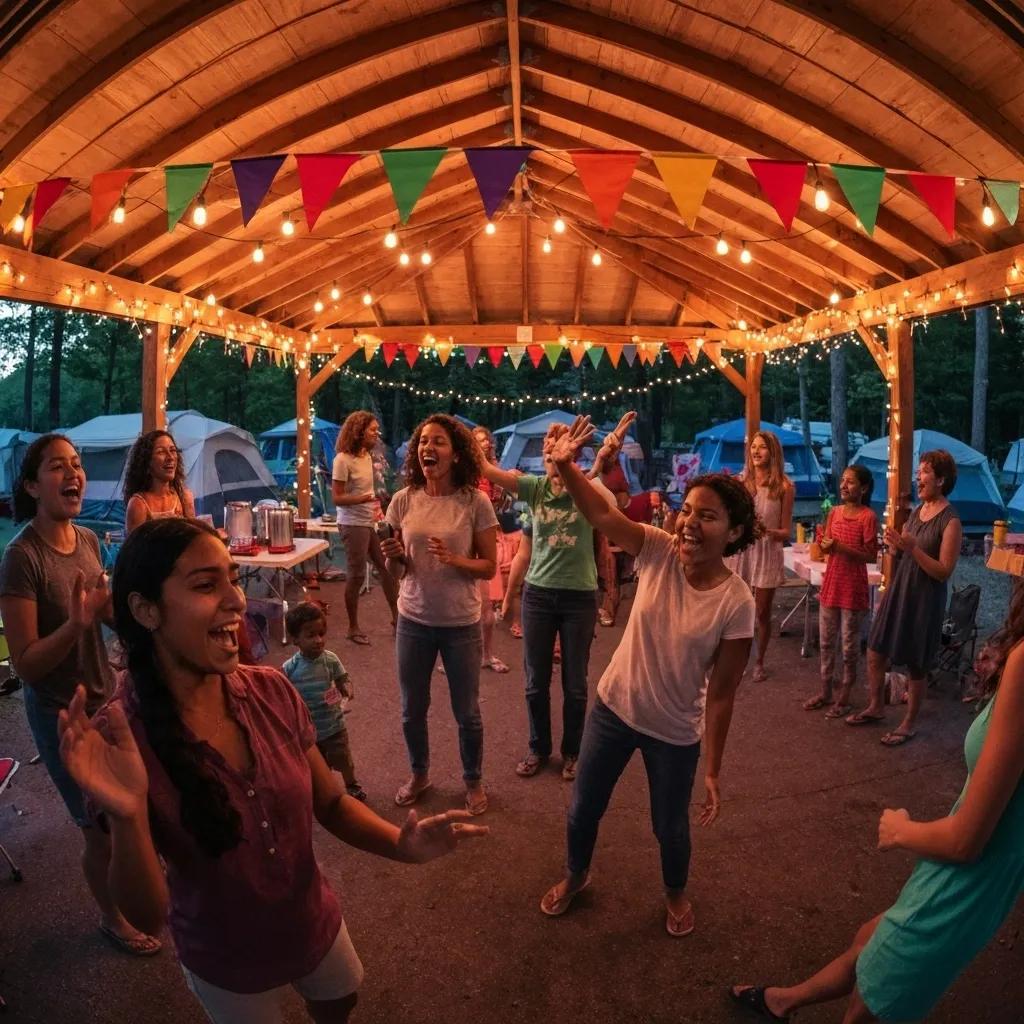 A group of campers enjoying a lively karaoke night under a covered pavilion