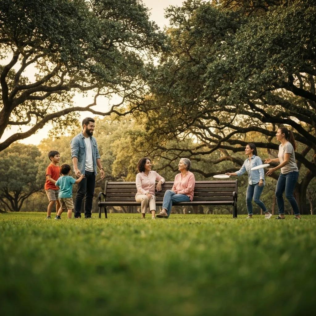 Families enjoying various recreational activities at an I-80 campground, including fishing, playing mini-golf, and having picnics