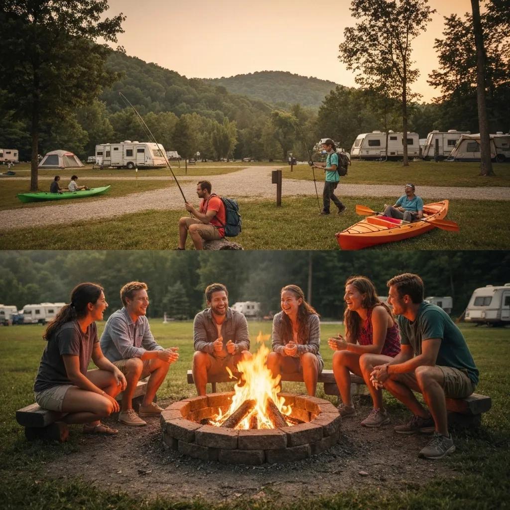 Campers enjoying outdoor activities like fishing, hiking, and kayaking at an Ohio campground