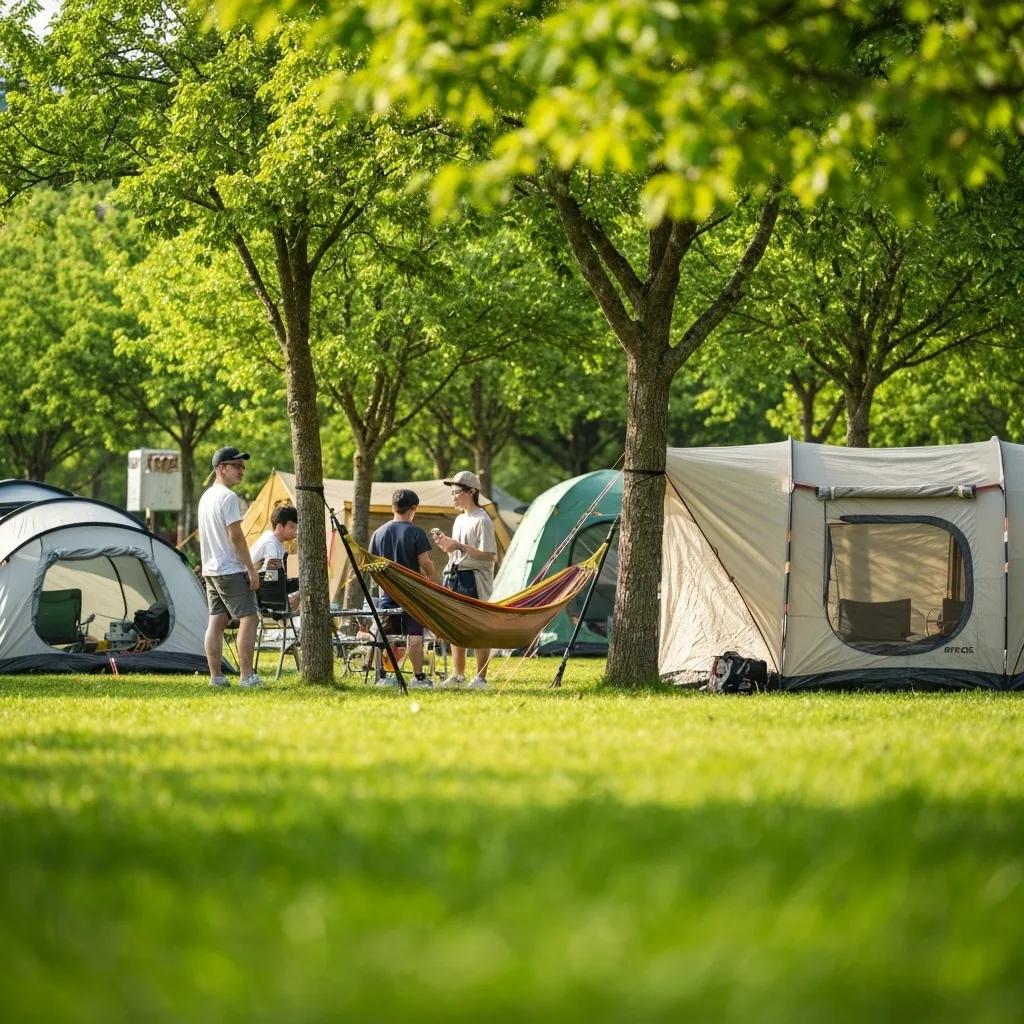 Showcasing unique campground amenities such as a communal lounge area, pristine modern restrooms, and a convenient firewood delivery service