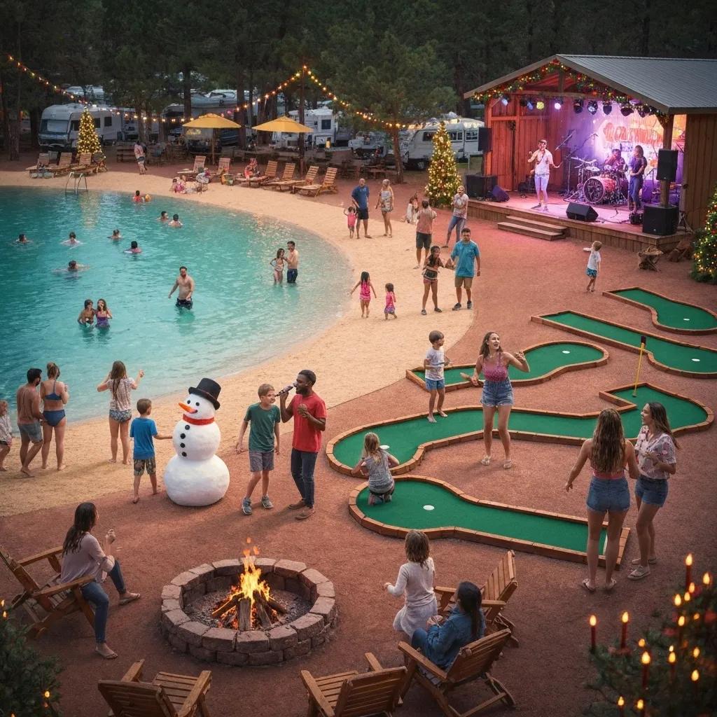 Families enjoying unique amenities at Ridge Ranch Campground during the holiday season, including a beach, mini-golf, and live entertainment
