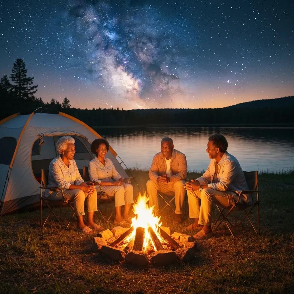 Family camping scene with diverse members enjoying outdoor activities and amenities