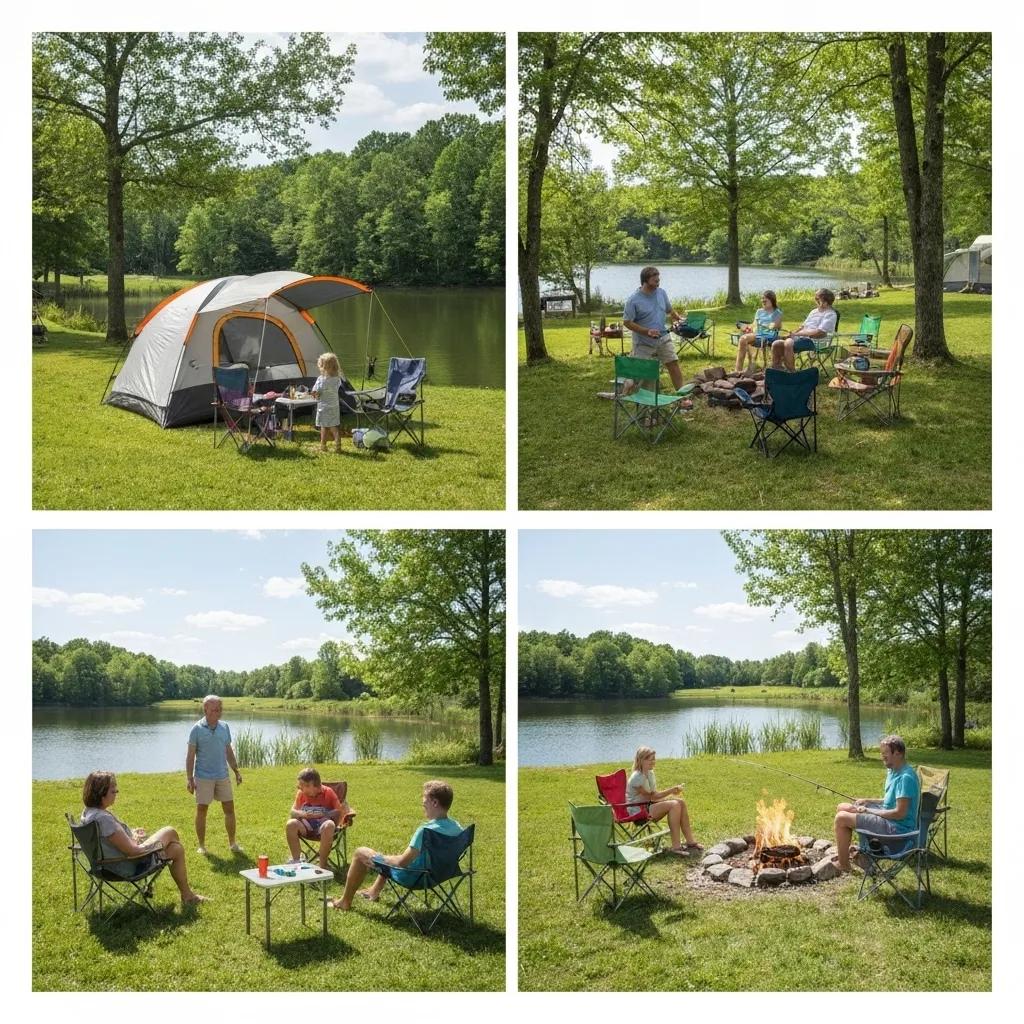 Family camping at a scenic Ohio campground with a tent by the lake