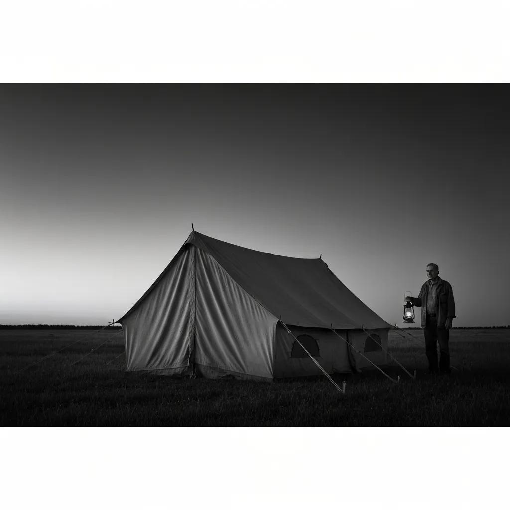 Cozy electric tent site at dusk with lights and campfire, showcasing modern camping comforts