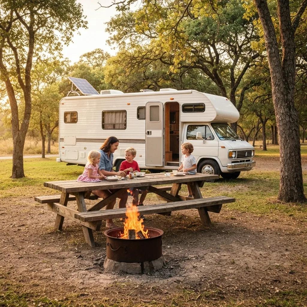Family enjoying a seasonal campground with RV, picnic table, and fire pit