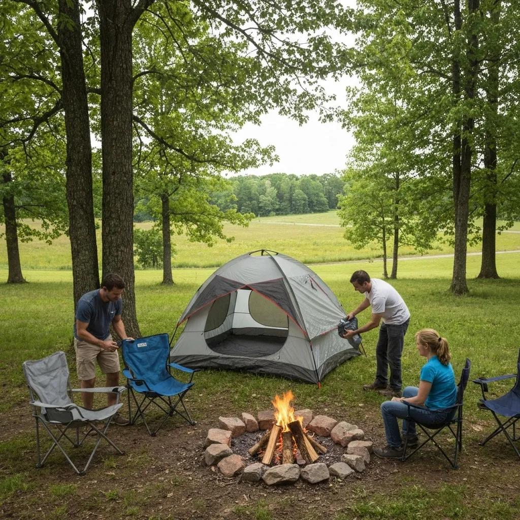 Family setting up a campsite in Ohio with a tent and campfire, showcasing outdoor camping essentials