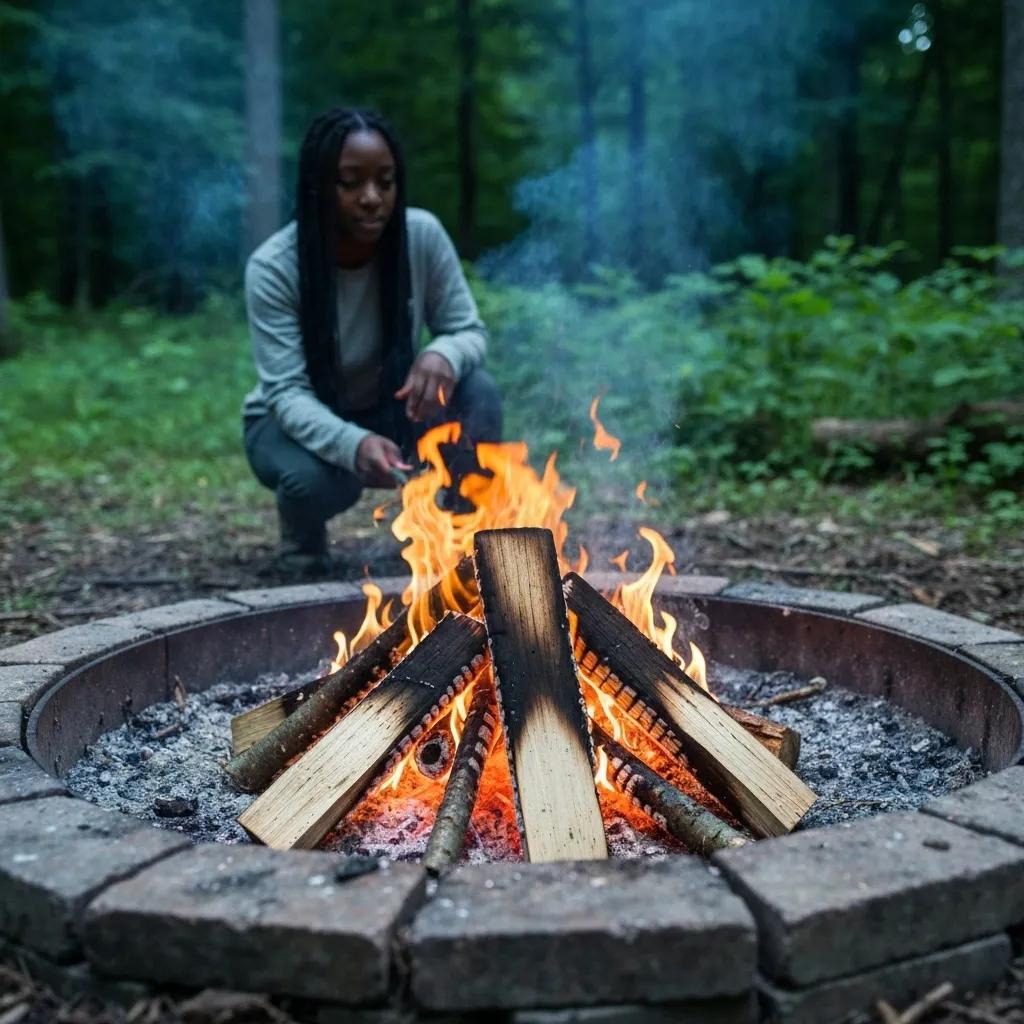 A safe and contained campfire in an Ohio campground, with a camper nearby ensuring proper supervision and adherence to safety rules