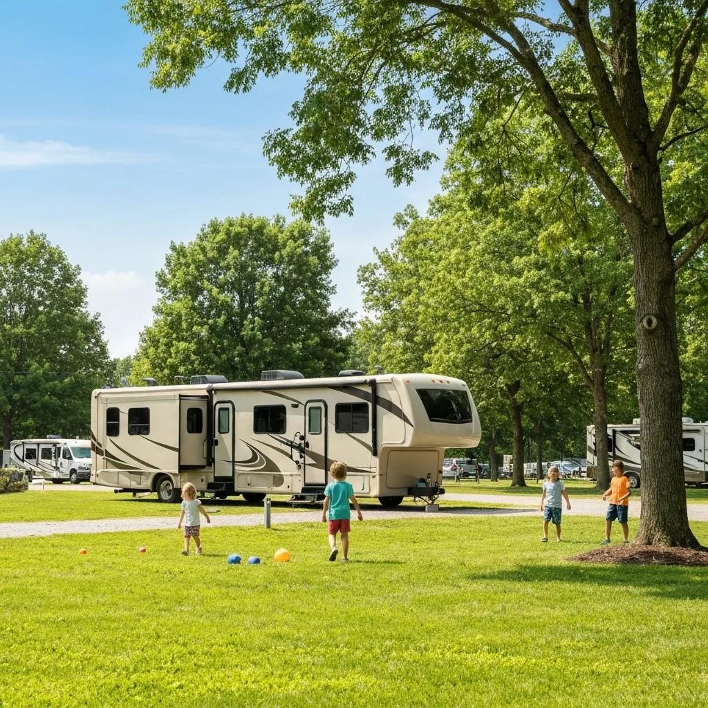 Family enjoying RV camping at a scenic park along I-80 in Ohio