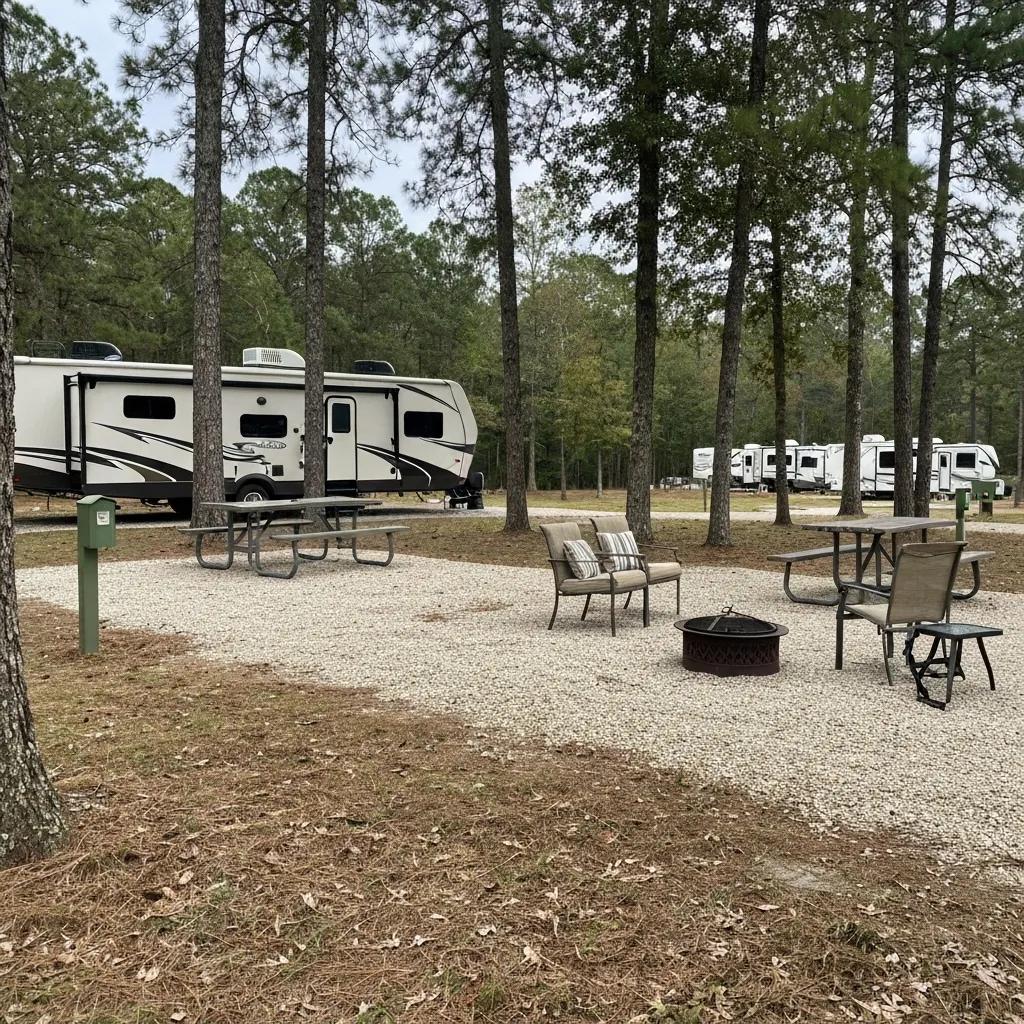 A well-kept RV site featuring full hookups and outdoor amenities, emphasizing comfort for longer stays