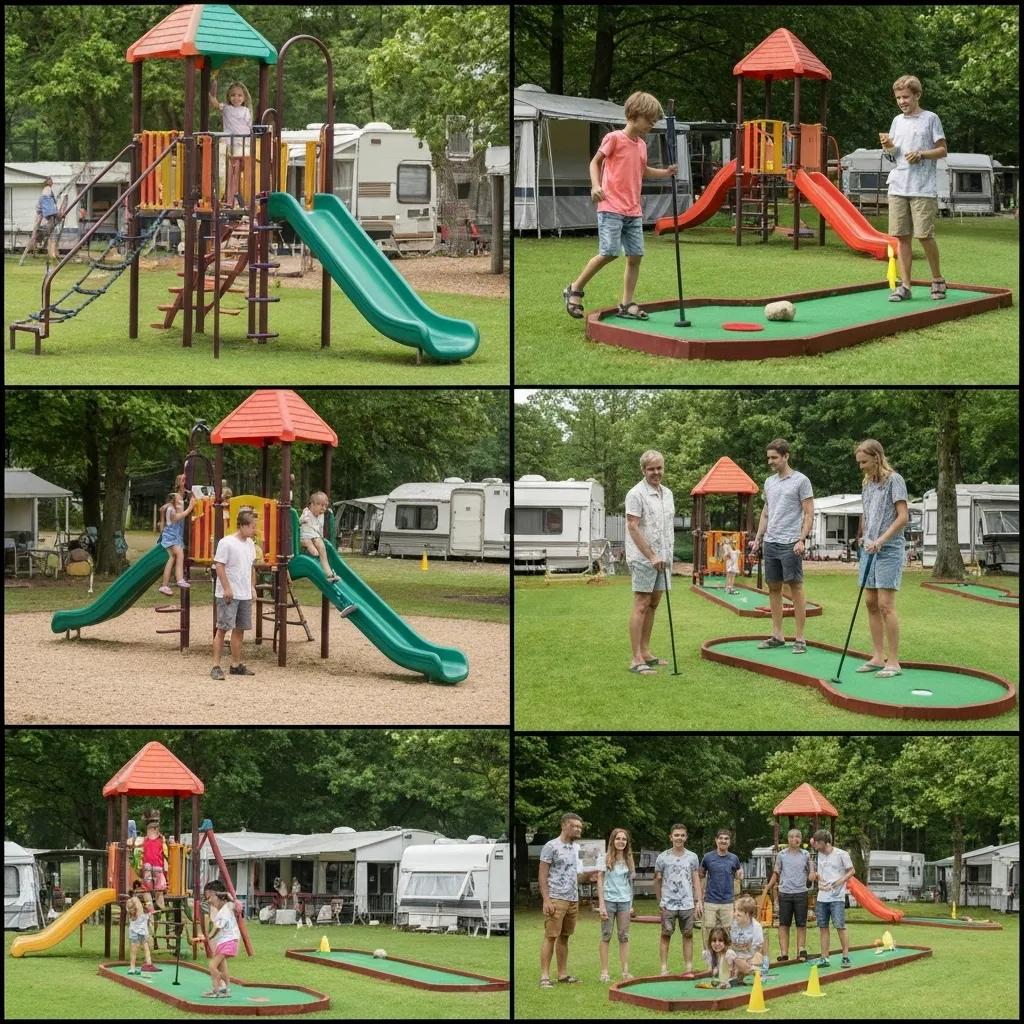 Families engaging in various activities at a campground, including the playground and mini-golf area.