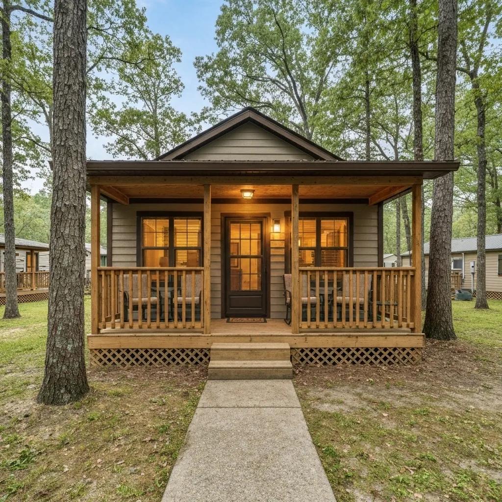 A charming cabin rental at a campground, highlighting its family-friendly amenities and cozy atmosphere