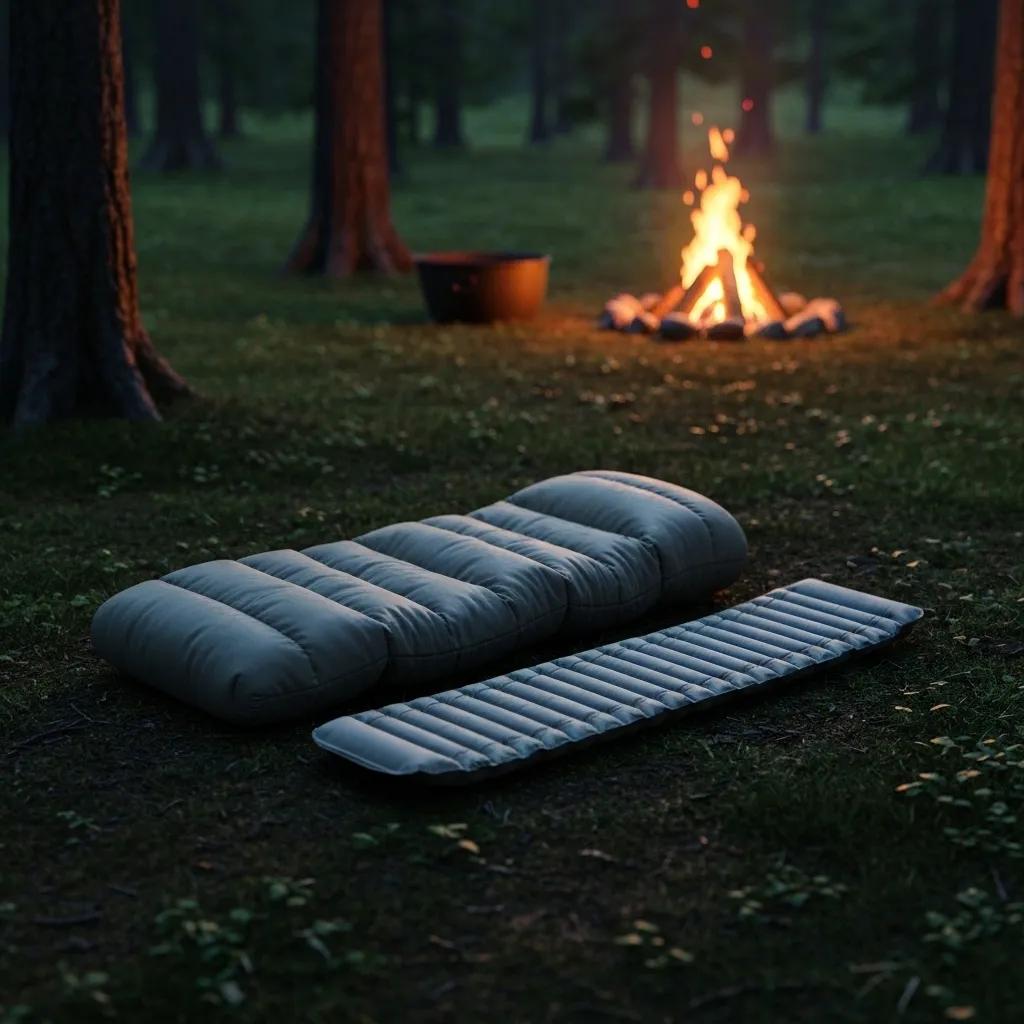 A high-quality sleeping bag and insulating pad are shown in a serene campsite setting, highlighting the comfort and warmth they provide for campers