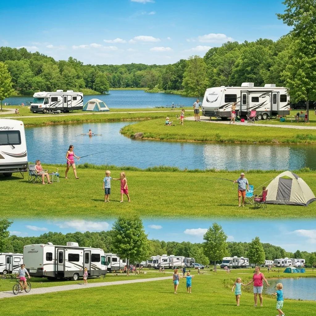 Family enjoying seasonal camping in Ohio with RVs and tents by a lake