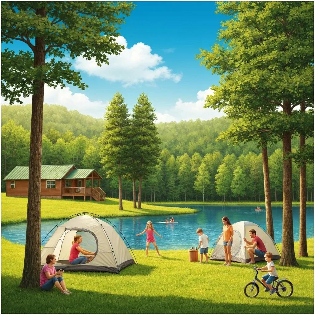 Family camping at Ridge Ranch Campground in Ohio with a private lake and lush greenery