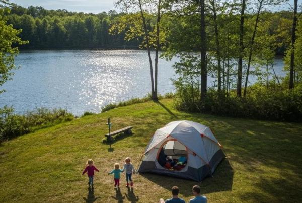Family camping at a budget-friendly campground in Ohio with a tent by a lake