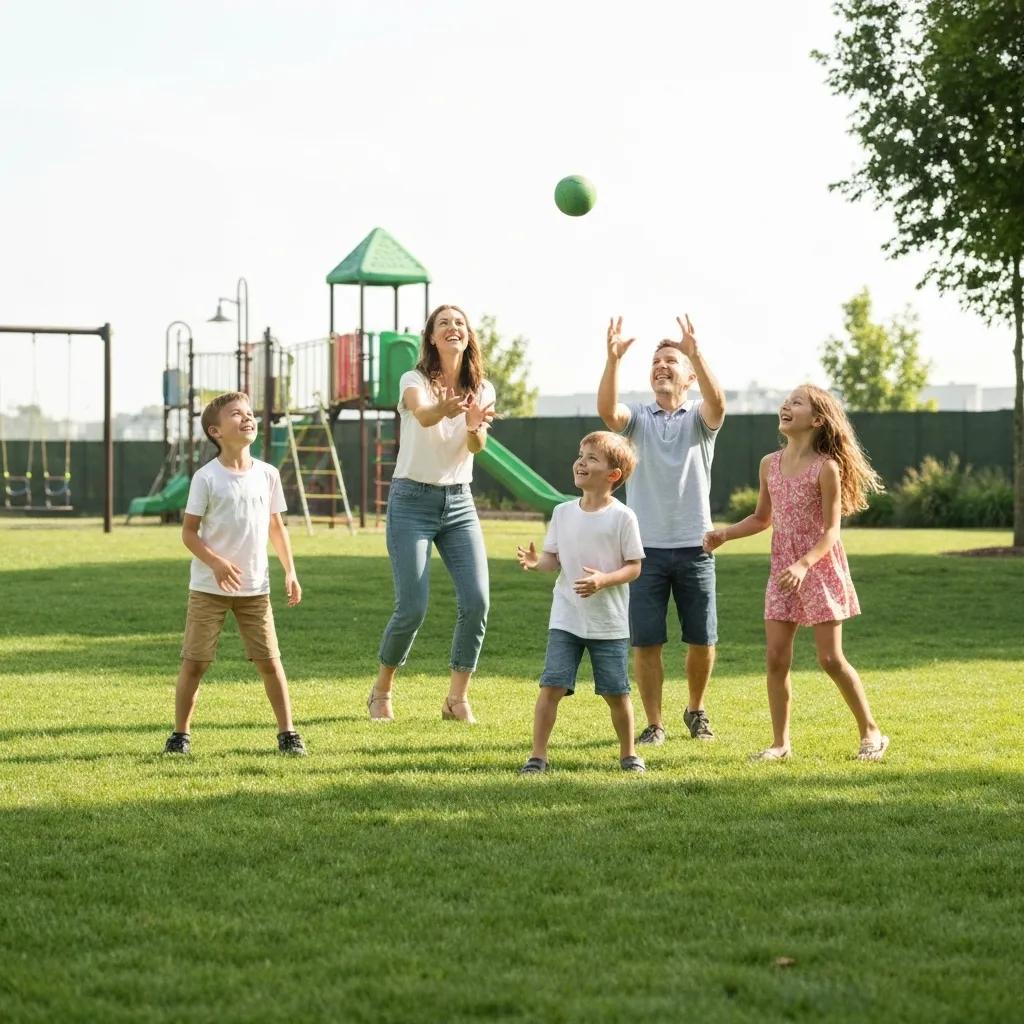 A happy family enjoying a picnic at a campground, with children gleefully playing in a secure playground, highlighting the park's family-friendly amenities.