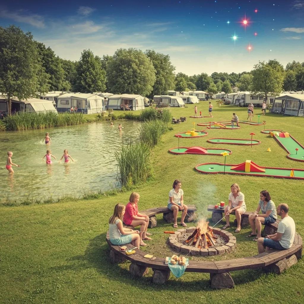 Families engaging in various campground activities, including swimming, playing mini-golf, and gathering around a campfire