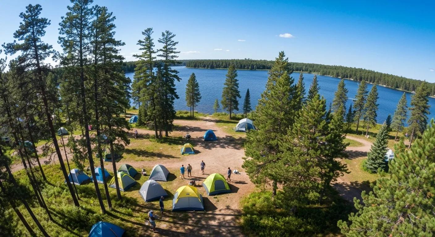 Family camping at a national forest campground in Michigan with a lake and trees