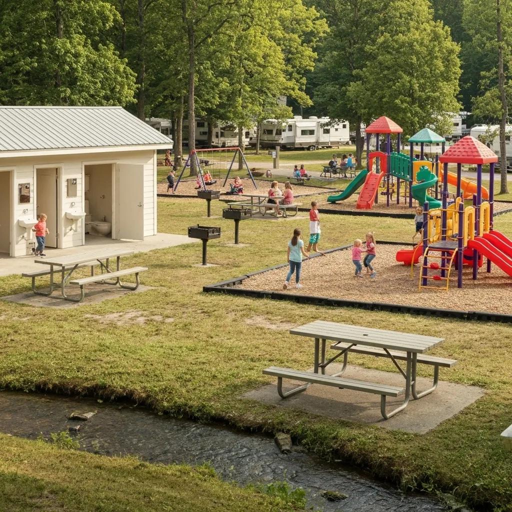 Essential amenities at an affordable Ohio campground, featuring restrooms, picnic tables, and a playground